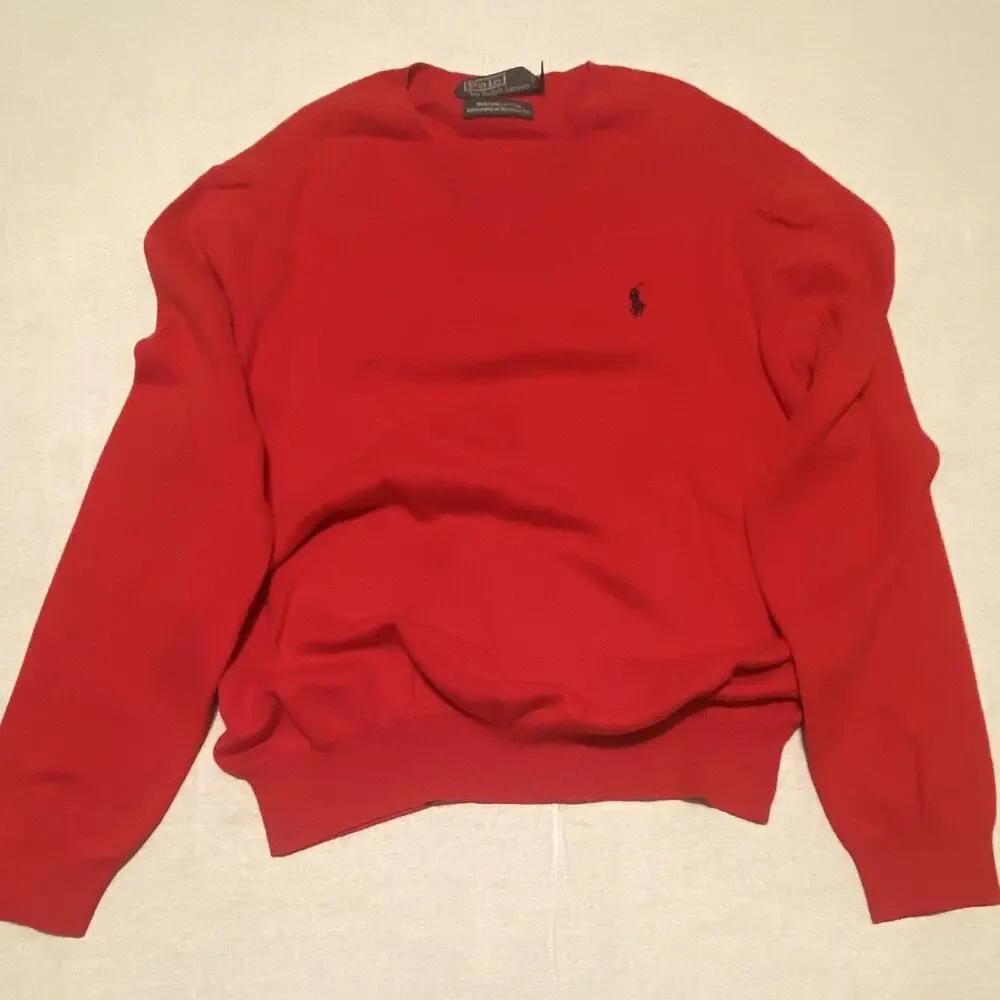Polo by Ralph Lauren Mens L Red V-Neck Knit Cotton Polo Pony Logo Sweater